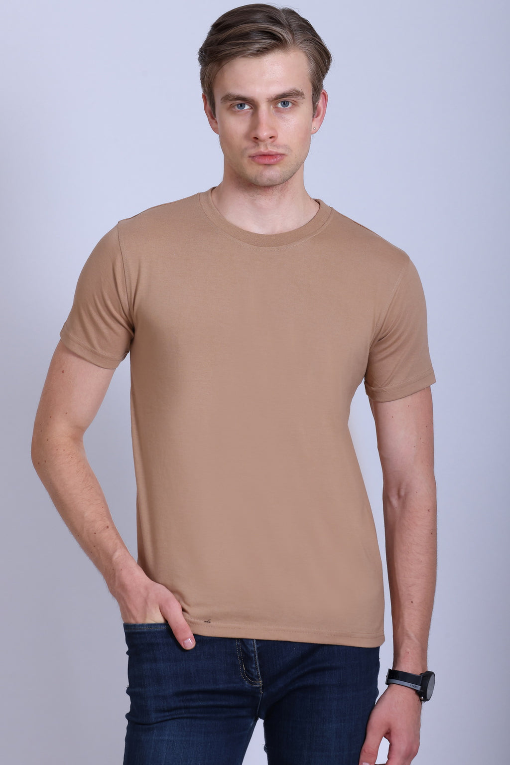 PIKMEE Skinta Bio Wash Crew Neck T-Shirt in Dark Beige - image 1