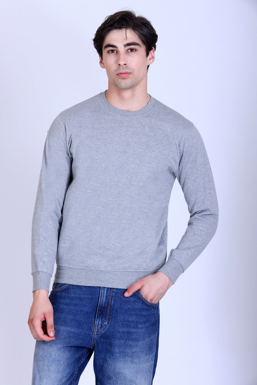 Pikmee Zero Degree Men's Crew Neck Cotton Fleece Sweatshirt - Grey Melange