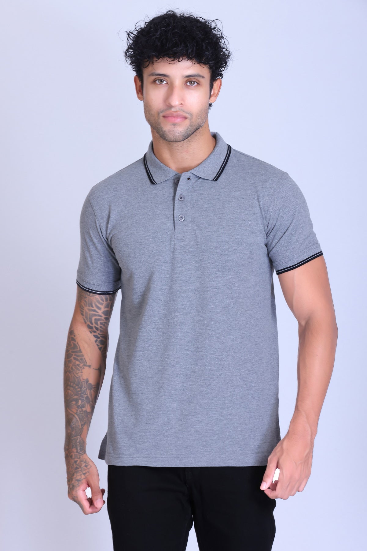 PIKMEE Tipline Polo T-Shirt in Grey Milange with Black Tipping - image 1