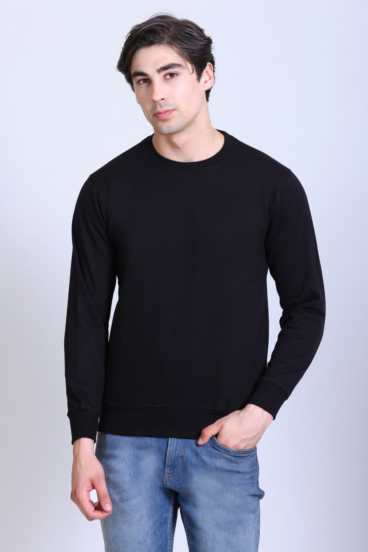Pikmee Zero Degree Men's Crew Neck Cotton Fleece Sweatshirt - Black