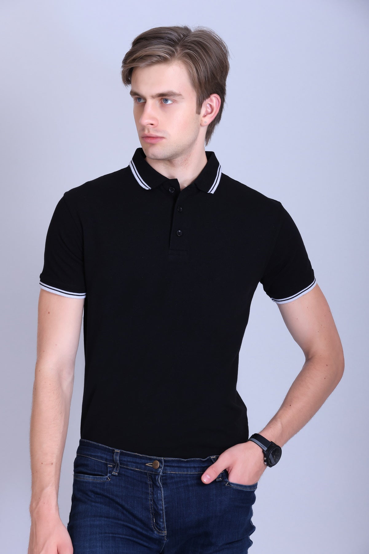 PIKMEE Tipline Polo T-Shirt in Black with White Tipping - image 1