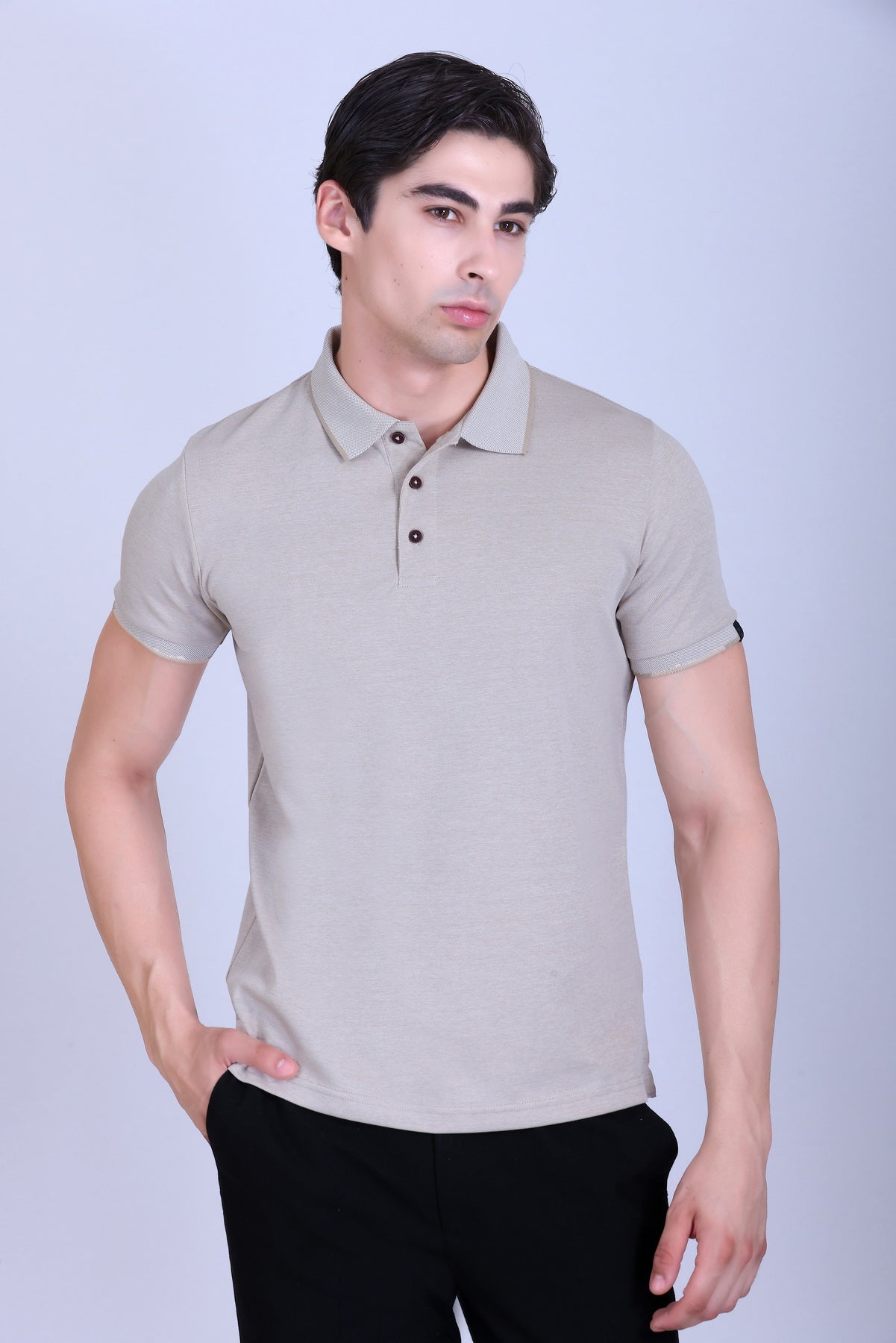 WINBARG Bird Eye Polo T-Shirt in Tan Melange - image 1