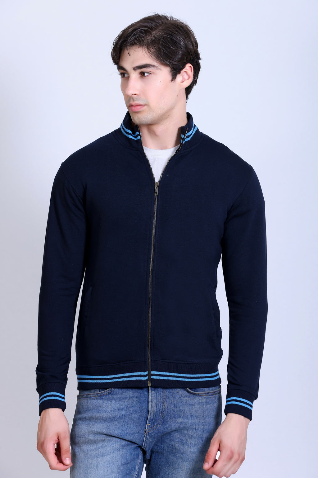 Pikmee Zero Degree Men's Turtle Neck Sweatshirt - Navy Blue With Electric Blue