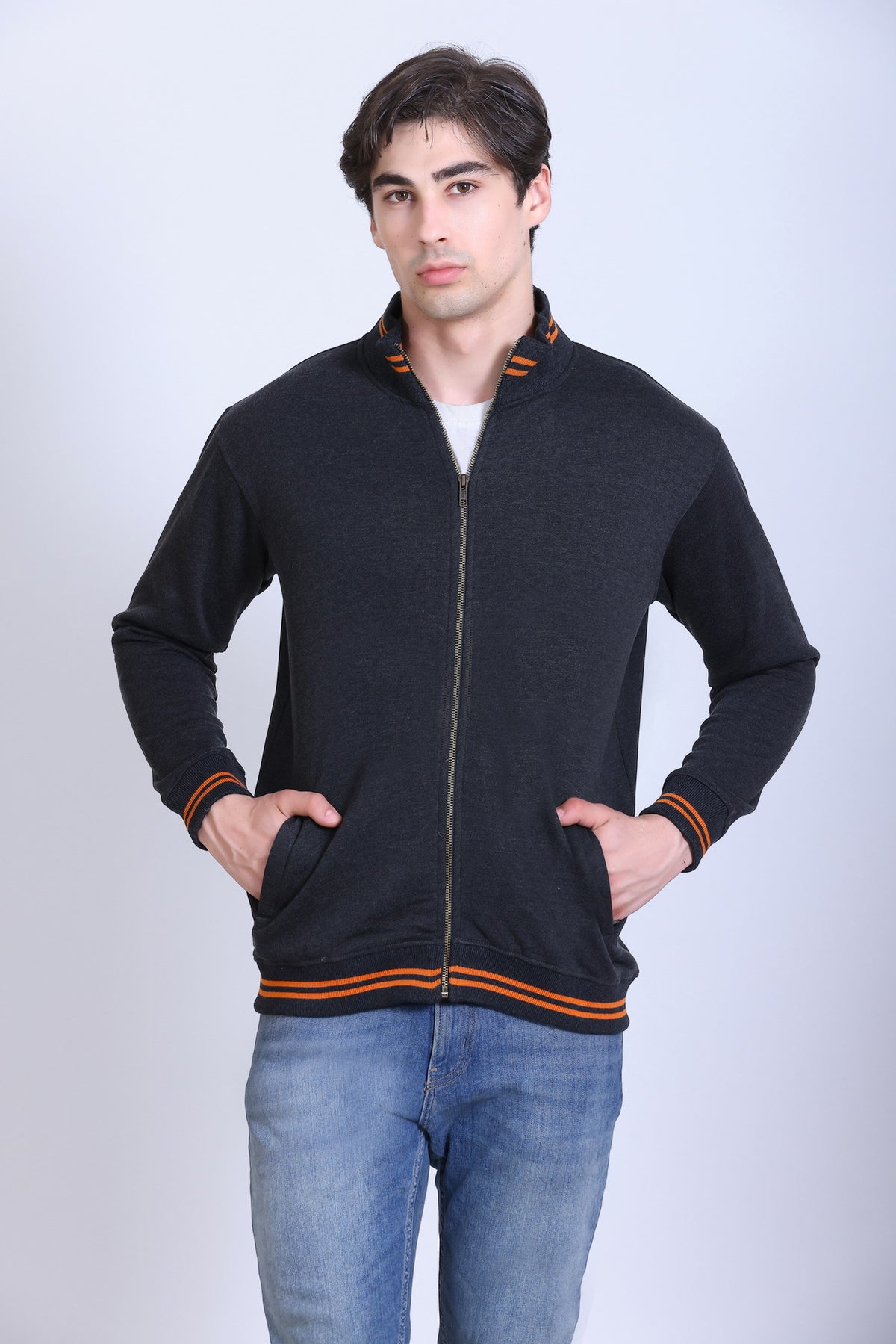 Pikmee Zero Degree Men's Turtle Neck Sweatshirt - Charcoal With Orange