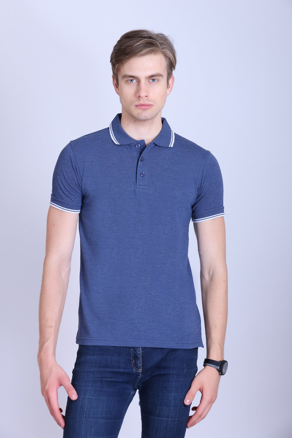 PIKMEE Tipline Polo T-Shirt in Denim with White Tipping - image 1