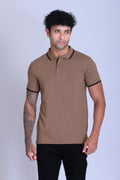 PIKMEE Tipline Polo T-Shirt in Beige with Brown Tipping - image 1