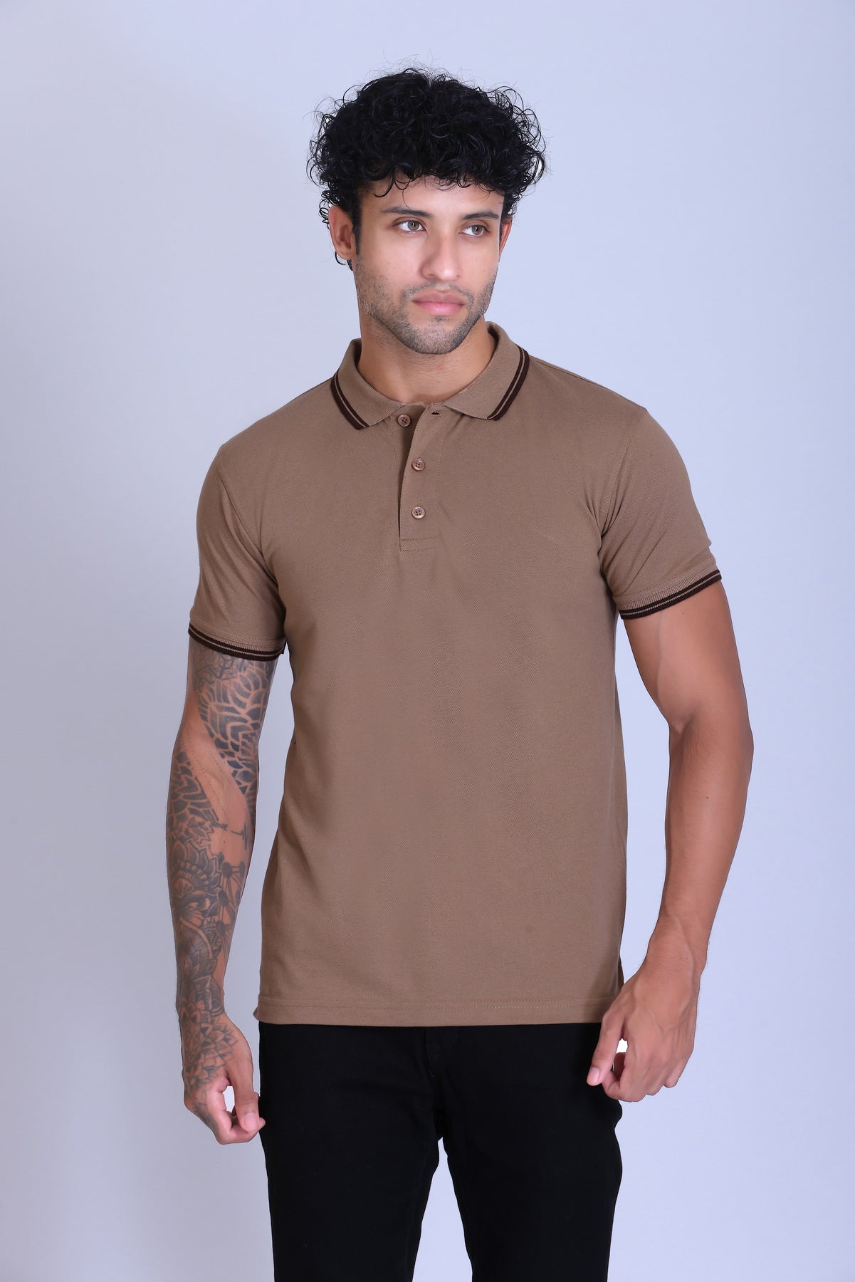 PIKMEE Tipline Polo T-Shirt in Beige with Brown Tipping - image 1