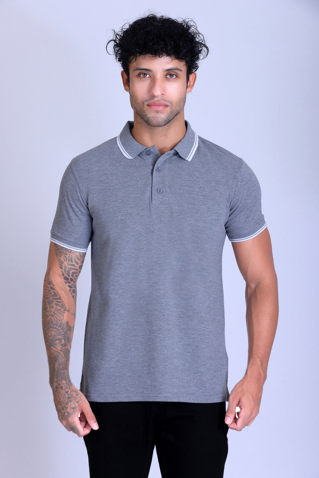PIKMEE Tipline Polo T-Shirt in Grey Melange with White Tipping - image 1