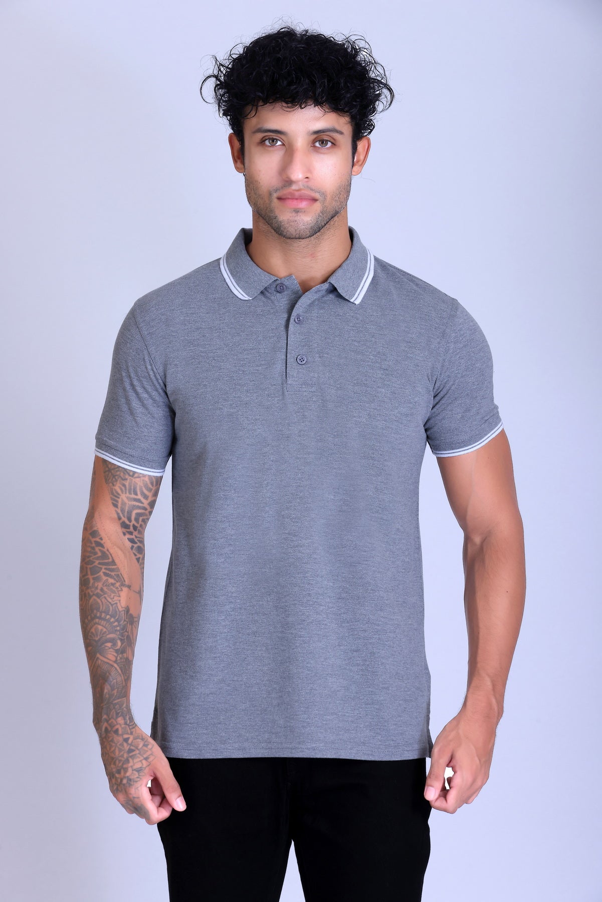 PIKMEE Tipline Polo T-Shirt in Grey Melange with White Tipping - image 1