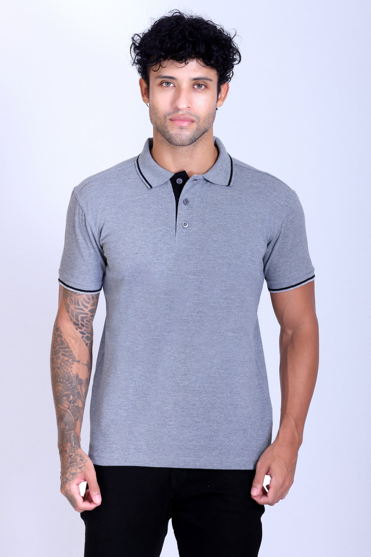 PIKMEE Highline Polo T-Shirt in Grey Melange with Black - image 1
