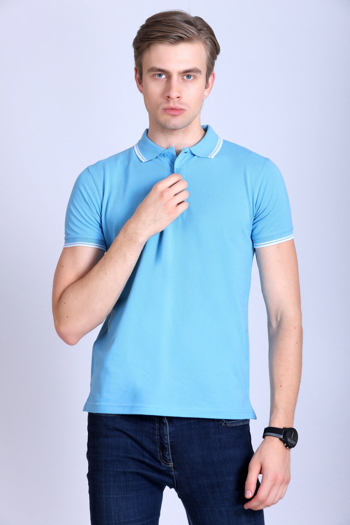 PIKMEE Tipline Polo T-Shirt in Sky Blue with White Tipping - image 1