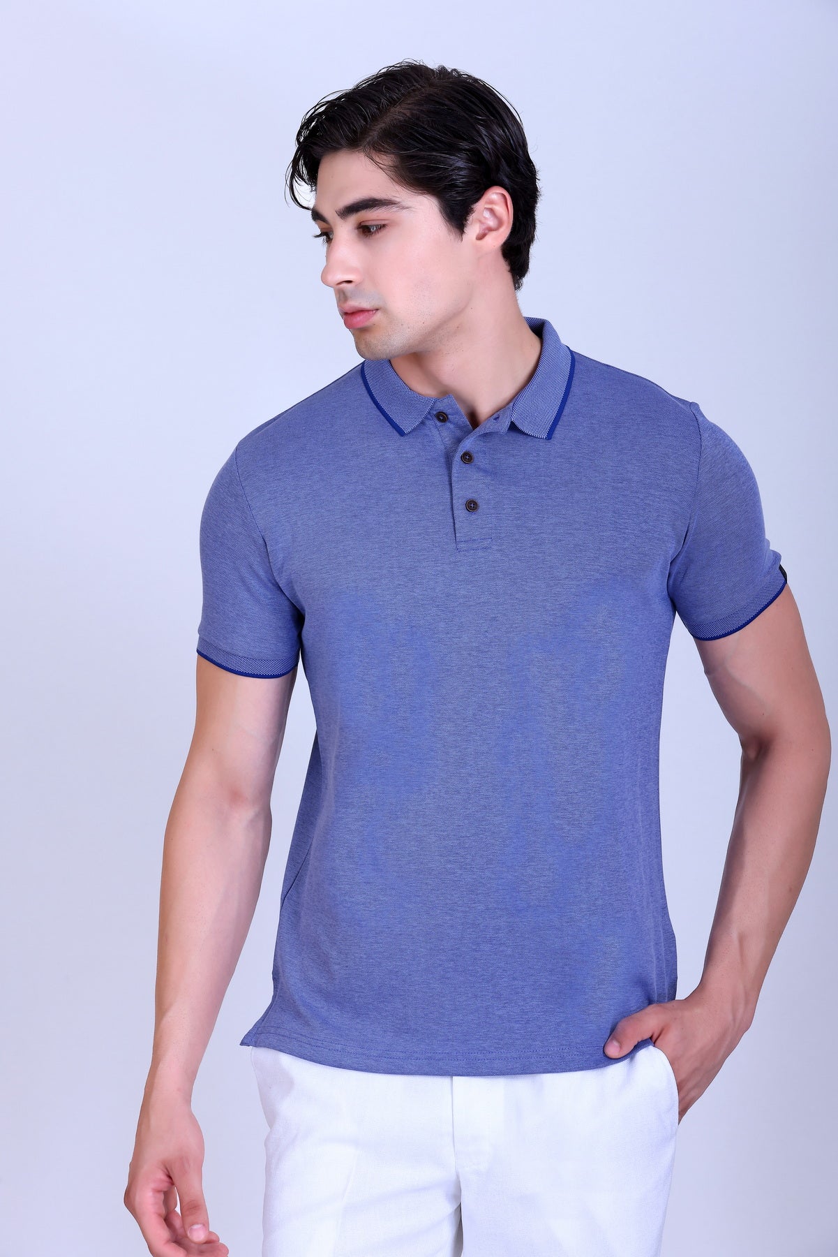 WINBARG Bird Eye Polo T-Shirt in Blue Melange - image 1