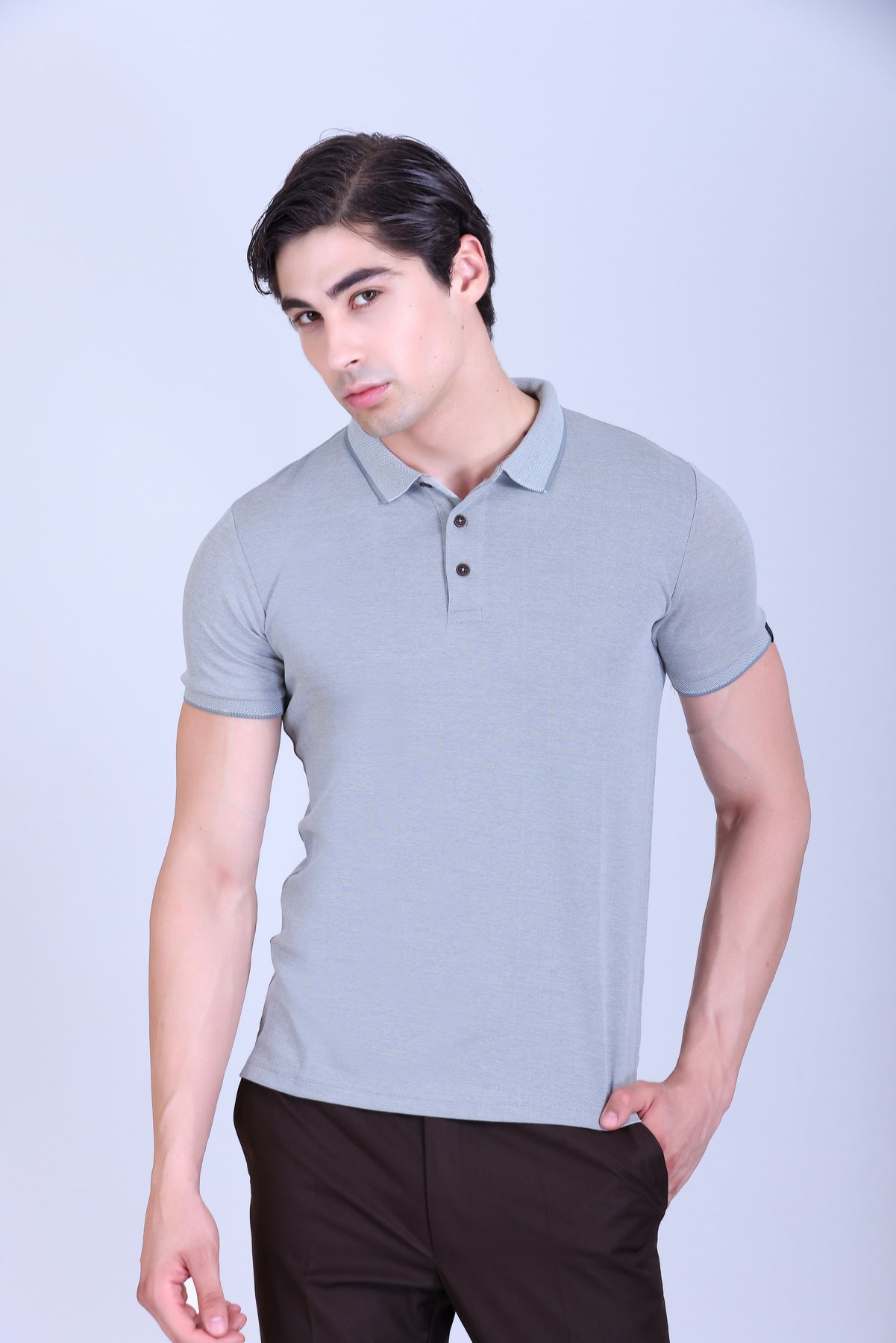 WINBARG Bird Eye Polo T-Shirt in Light Grey Melange - image 1