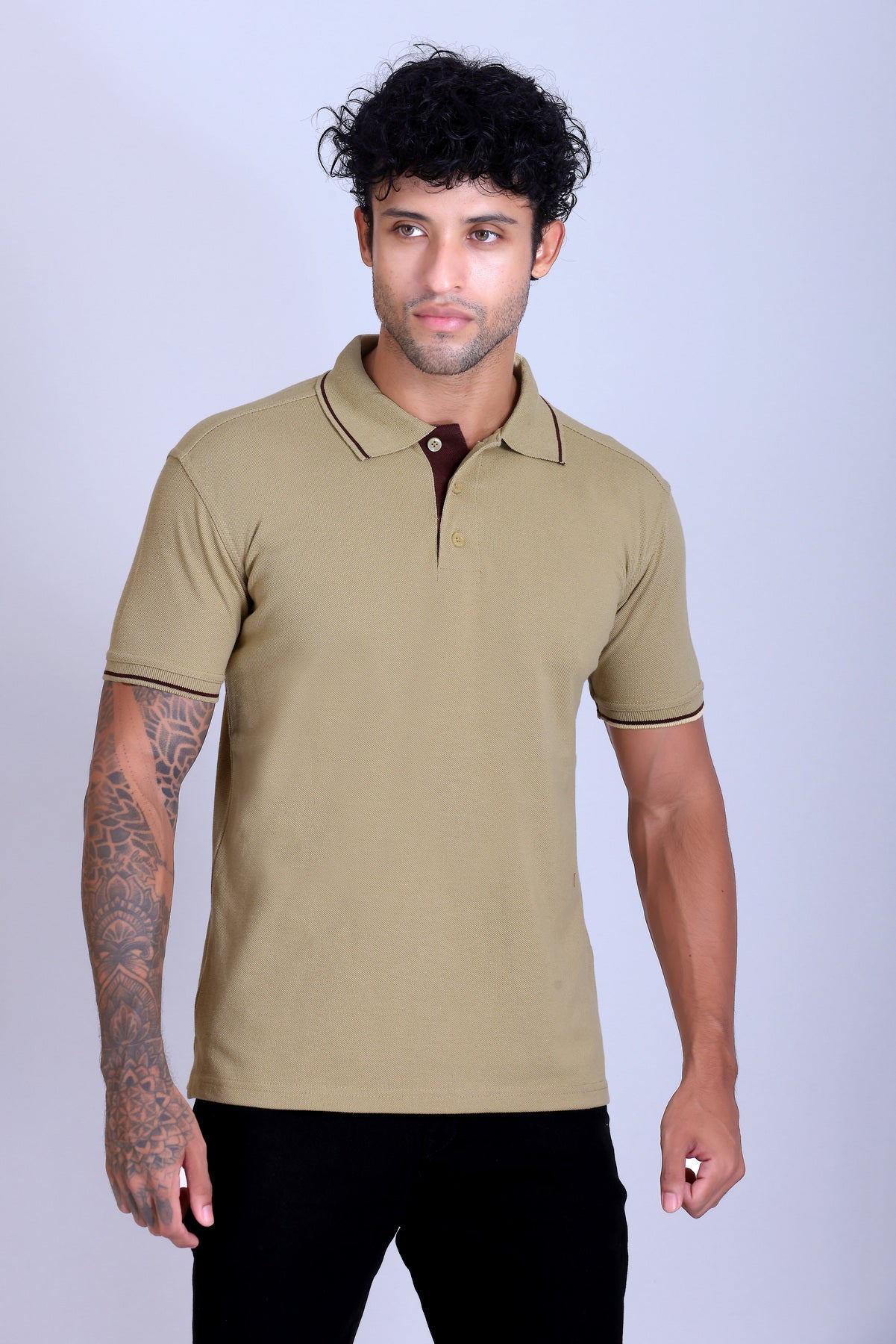 PIKMEE Highline Polo T-Shirt in Beige with Brown - image 1