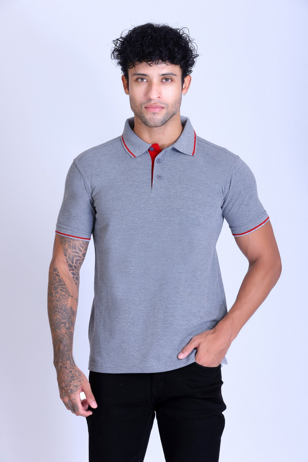 PIKMEE Highline Polo T-Shirt in Grey Melange with Red - image 1