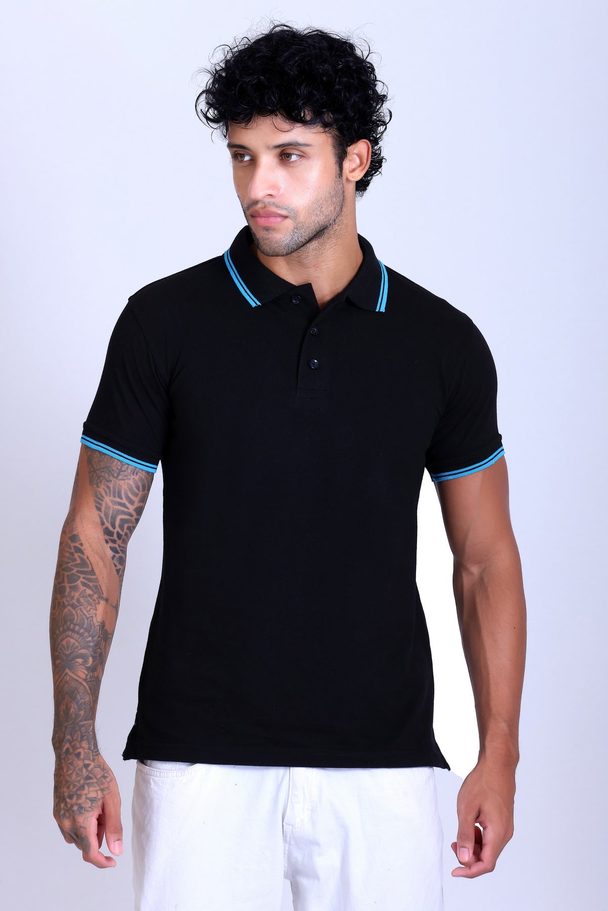 PIKMEE Tipline Polo T-Shirt in Black with Turquoise Blue Tipping - image 1