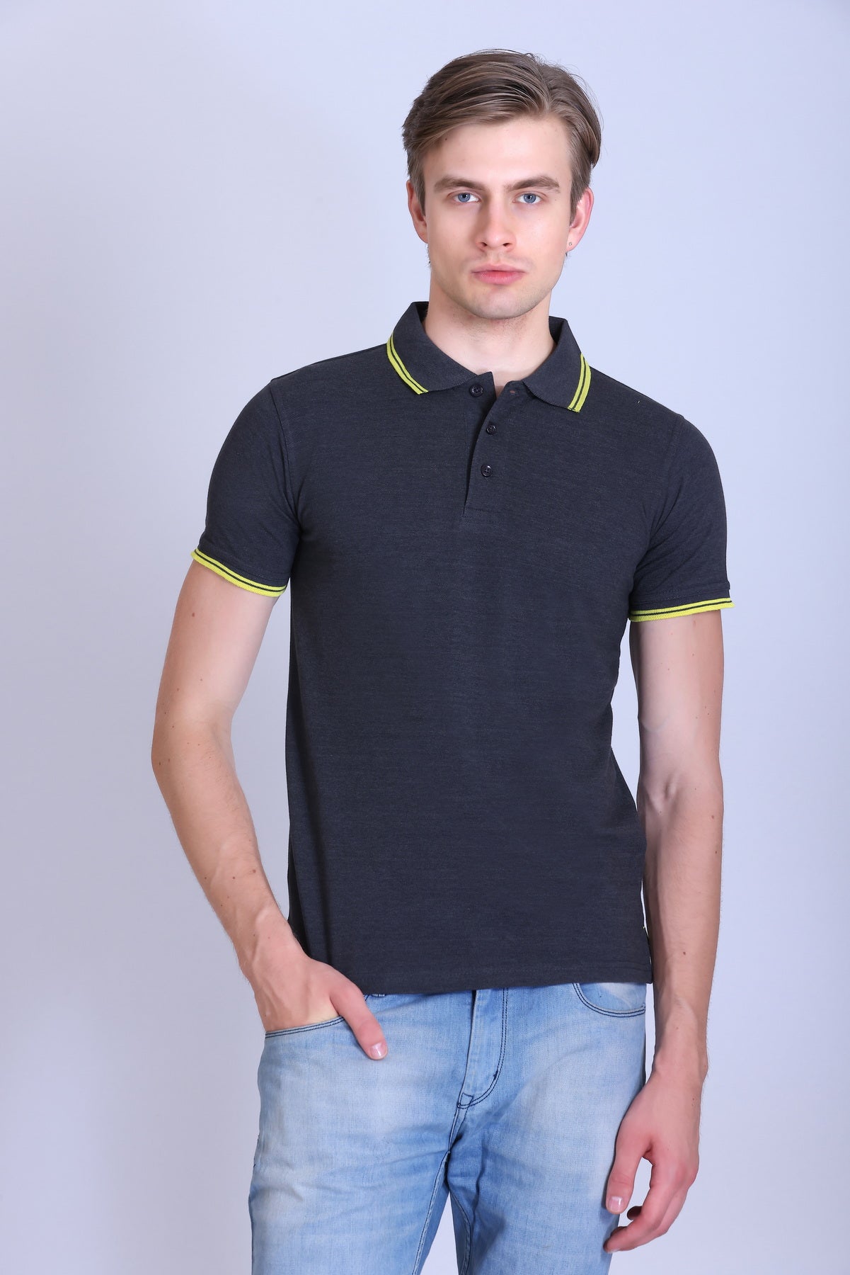 PIKMEE Tipline Polo T-Shirt in Charcoal Grey with Yellow Tipping - image 1