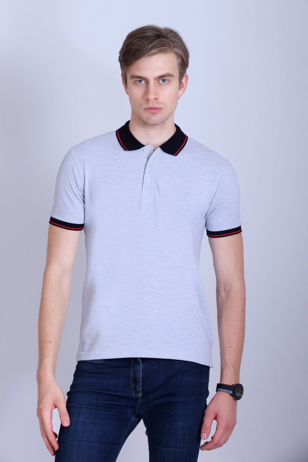PIKMEE Highline Polo T-Shirt in White Melange with Red (Navy Collar) - image 1
