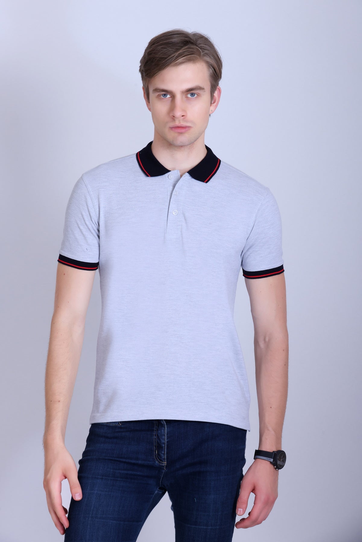 PIKMEE Highline Polo T-Shirt in White Melange with Red (Navy Collar) - image 1