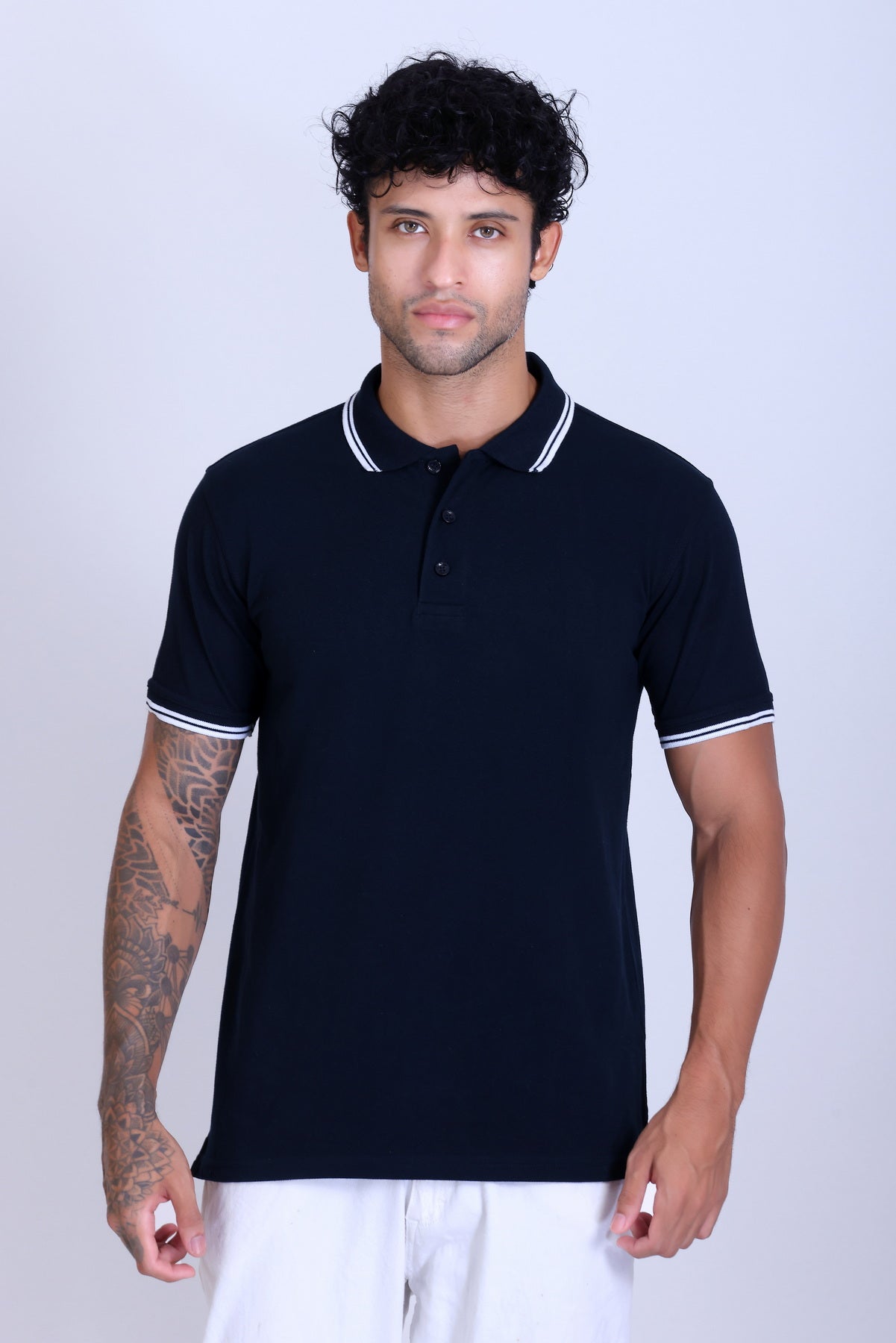 PIKMEE Tipline Polo T-Shirt in Navy Blue with White Tipping - image 1
