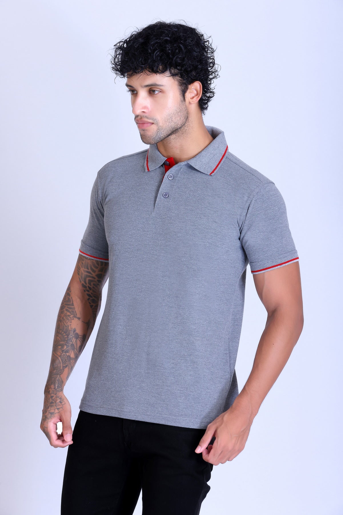 PIKMEE Highline Polo T-Shirt in Grey Melange with Red - image 3