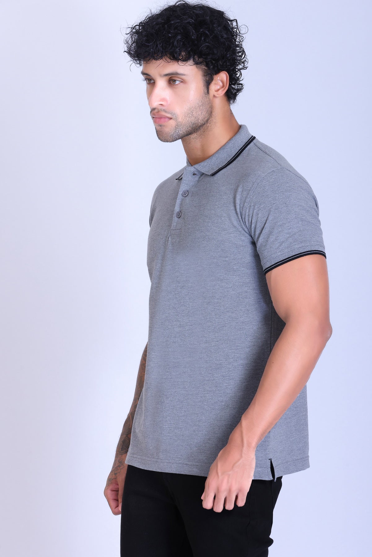 PIKMEE Tipline Polo T-Shirt in Grey Milange with Black Tipping - image 3