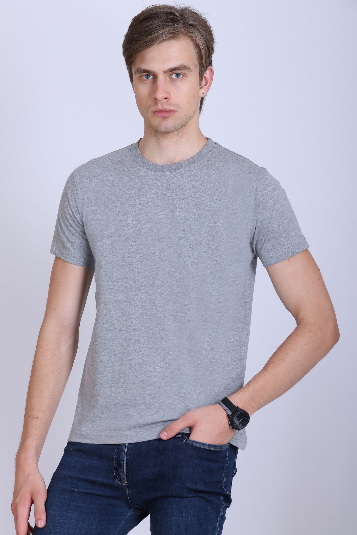 PIKMEE Skinta Bio Wash Crew Neck T-Shirt in Grey Melange - image 3