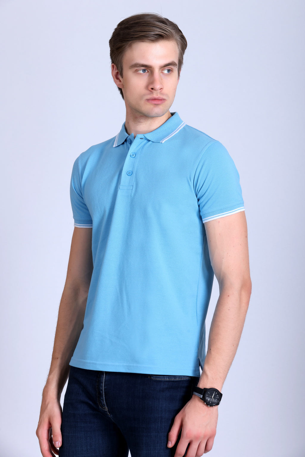 PIKMEE Tipline Polo T-Shirt in Sky Blue with White Tipping - image 3