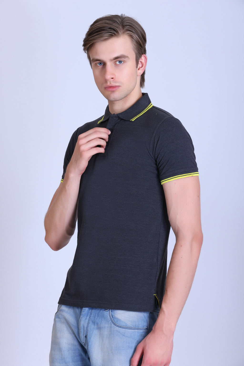 PIKMEE Tipline Polo T-Shirt in Charcoal Grey with Yellow Tipping - image 3