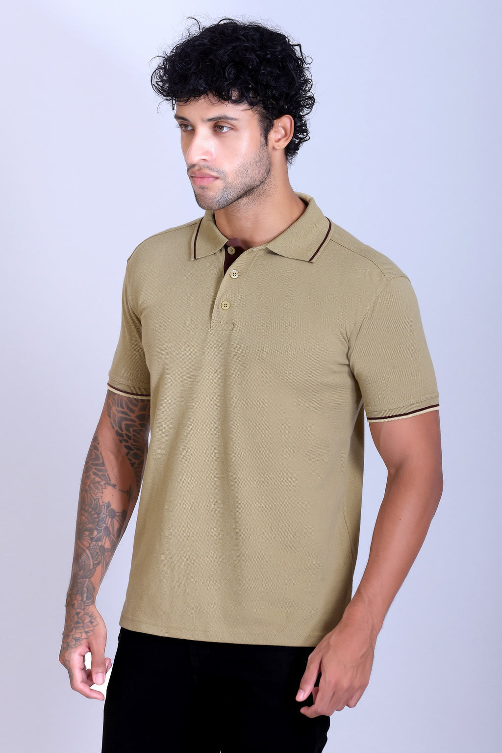 PIKMEE Highline Polo T-Shirt in Beige with Brown - image 3