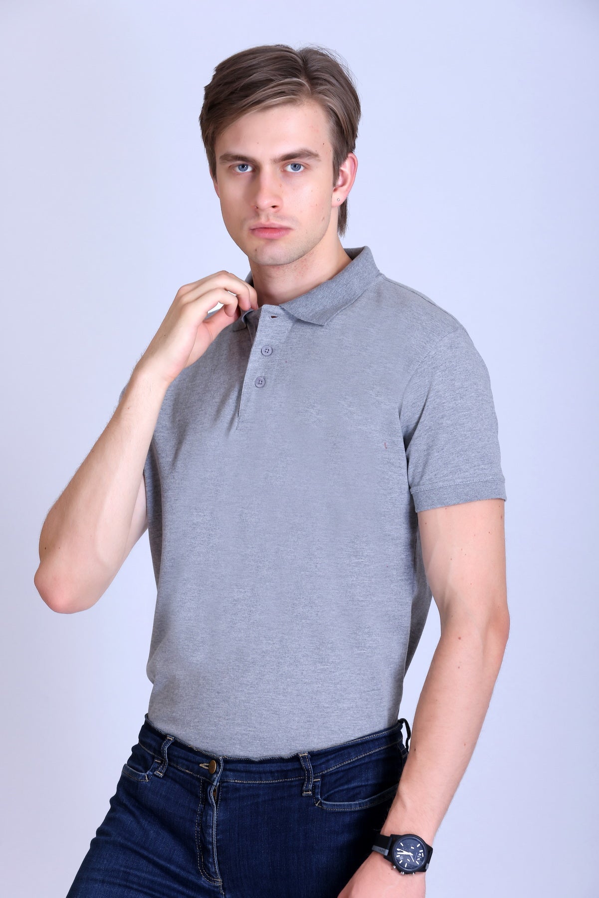 PIKMEE Titlis Polo T-Shirt in Grey Melange - image 3