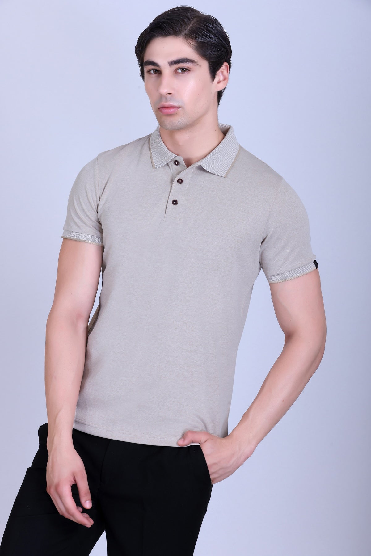 WINBARG Bird Eye Polo T-Shirt in Tan Melange - image 3