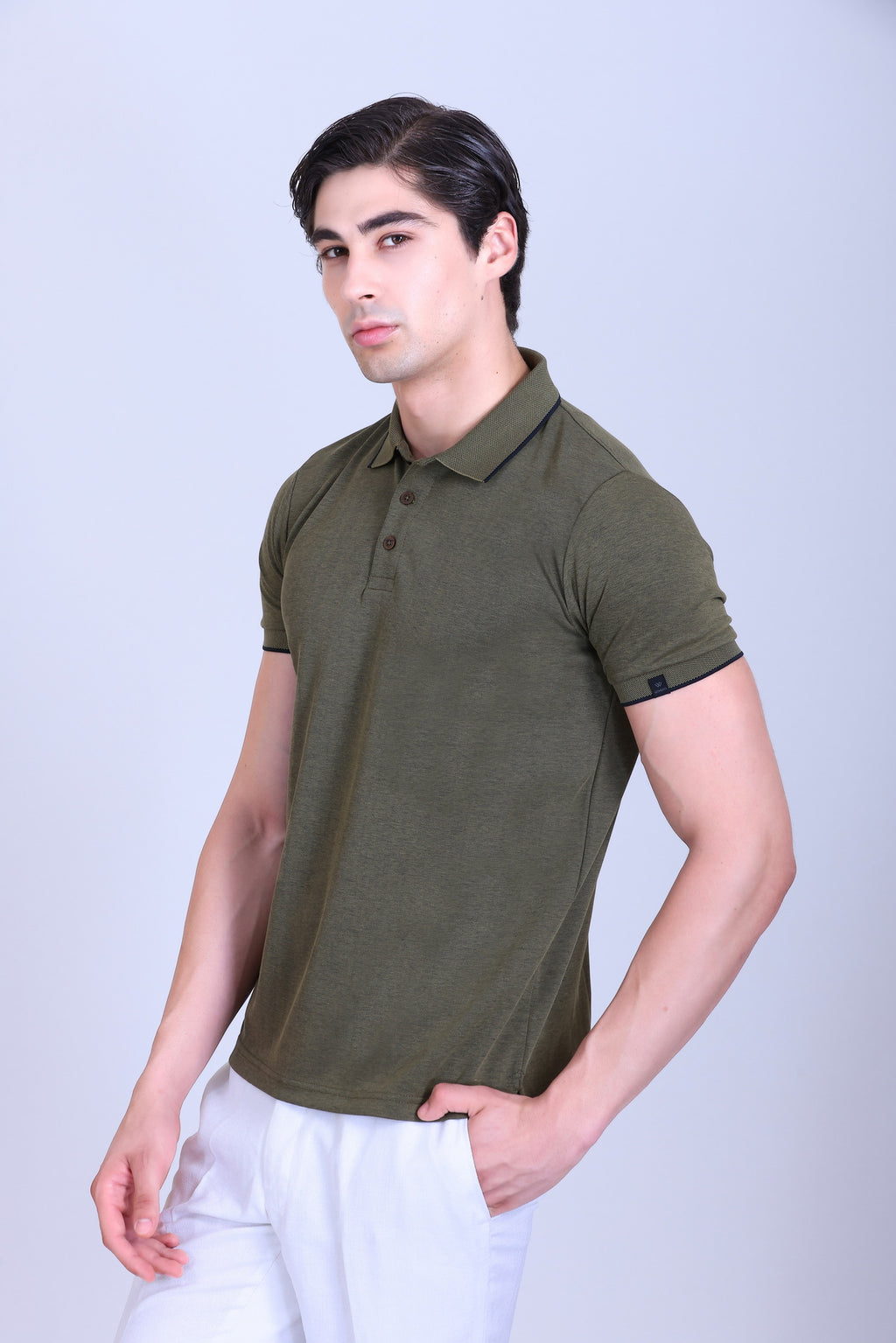 WINBARG Bird Eye Polo T-Shirt in Olive Melange - image 3