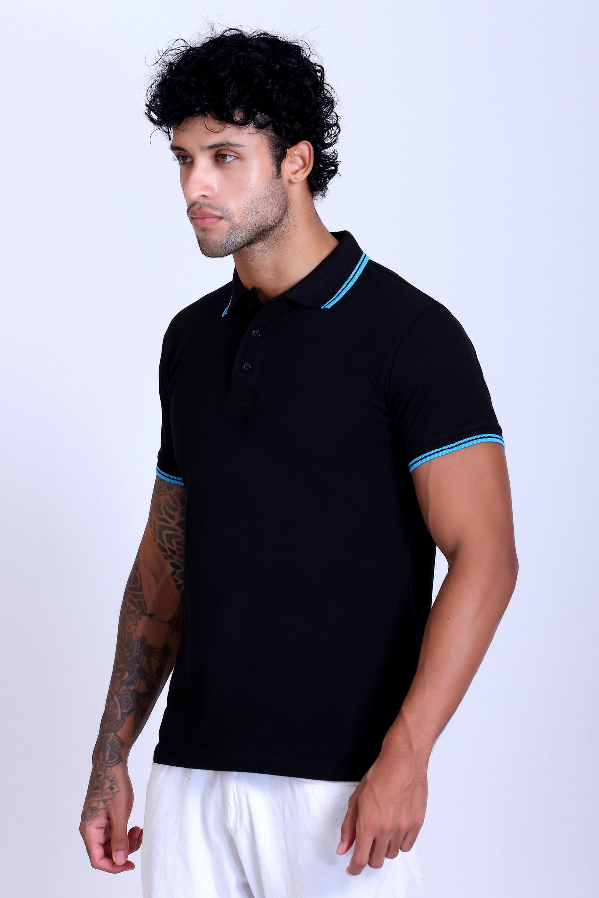 PIKMEE Tipline Polo T-Shirt in Black with Turquoise Blue Tipping - image 3