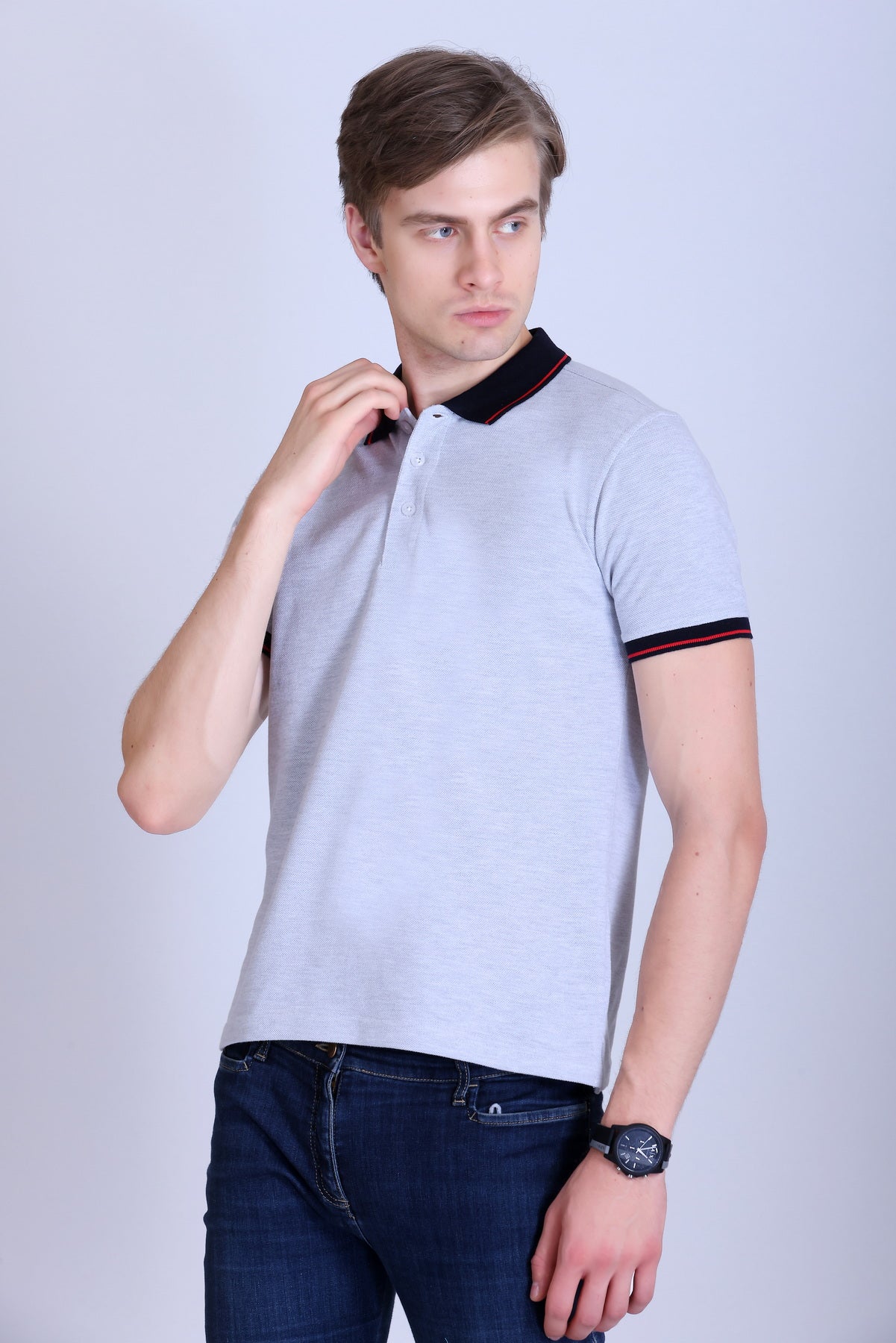 PIKMEE Highline Polo T-Shirt in White Melange with Red (Navy Collar) - image 3