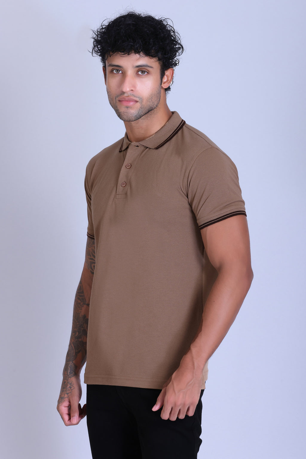 PIKMEE Tipline Polo T-Shirt in Beige with Brown Tipping - image 3