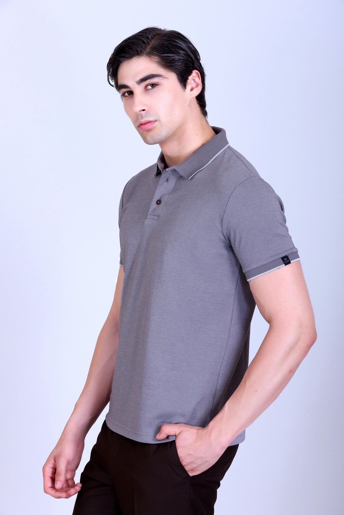WINBARG Bird Eye Polo T-Shirt in Black Melange - image 3