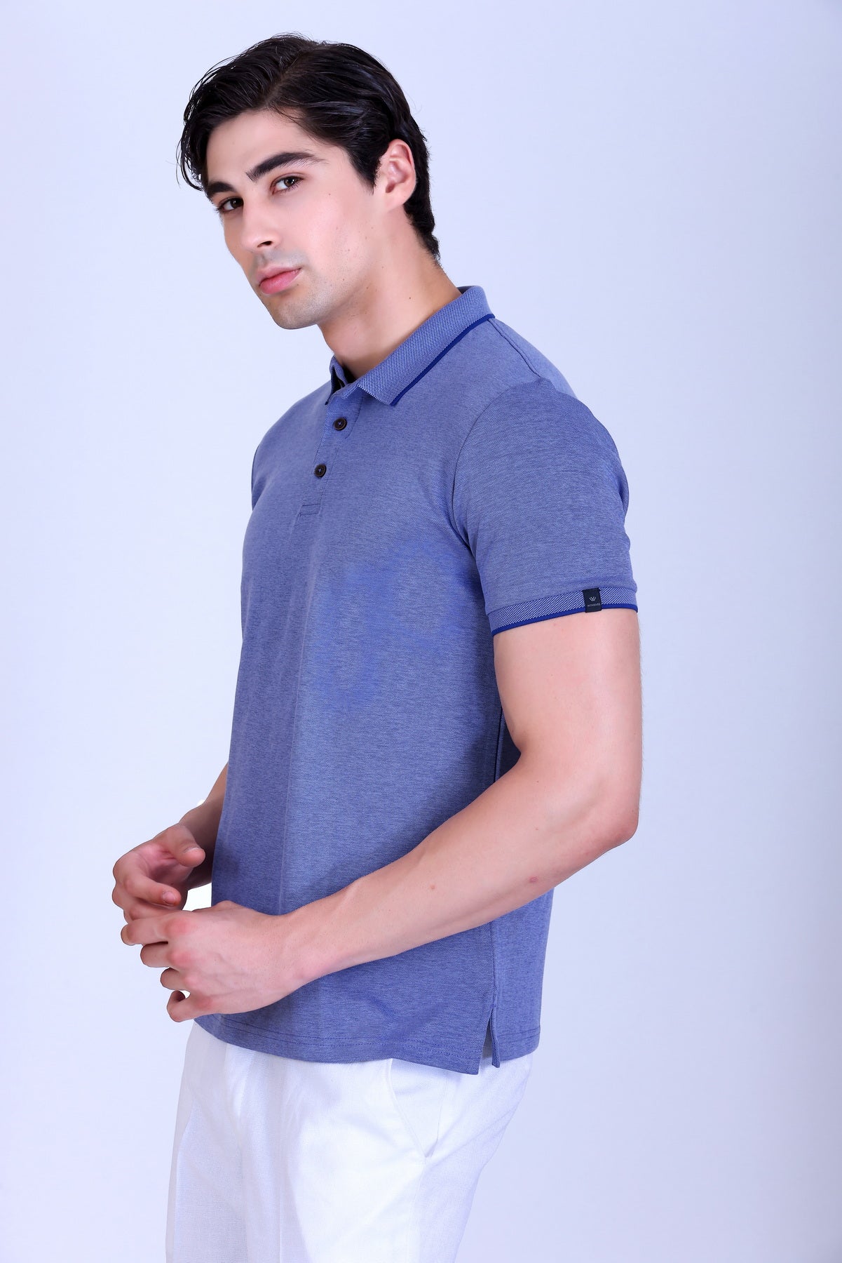 WINBARG Bird Eye Polo T-Shirt in Blue Melange - image 3