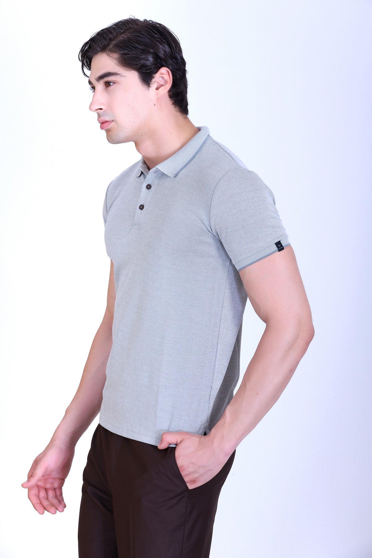 WINBARG Bird Eye Polo T-Shirt in Light Grey Melange - image 3