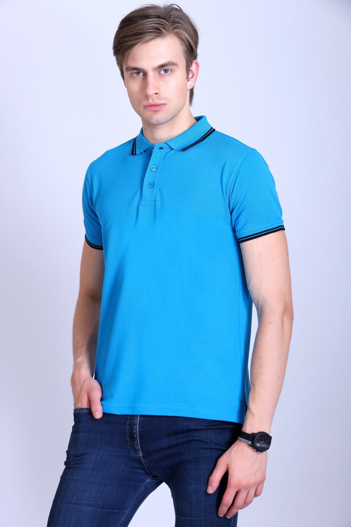 PIKMEE Tipline Polo T-Shirt in Aqua Blue with Black Tipping - image 3