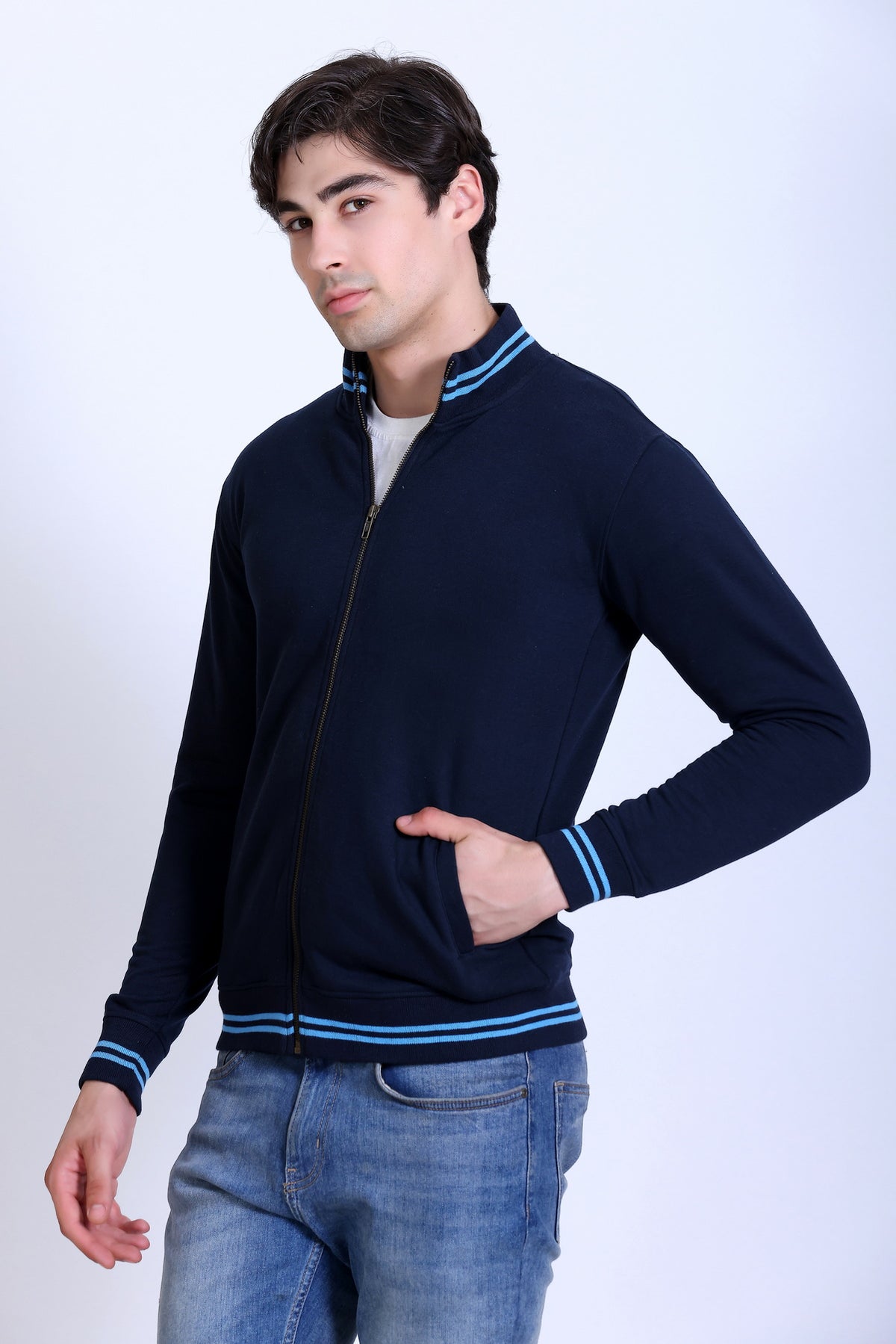 Pikmee Zero Degree Men's Turtle Neck Sweatshirt - Navy Blue With Electric Blue