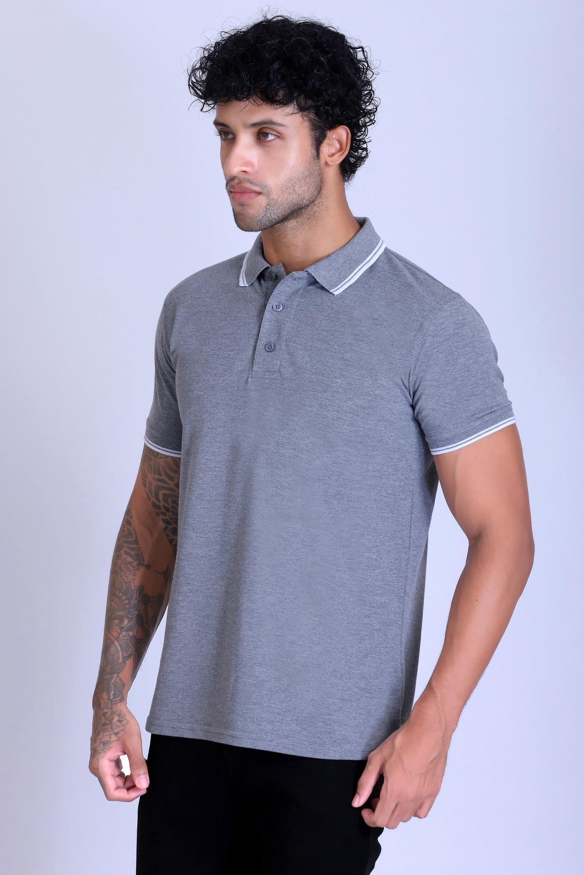PIKMEE Tipline Polo T-Shirt in Grey Melange with White Tipping - image 3