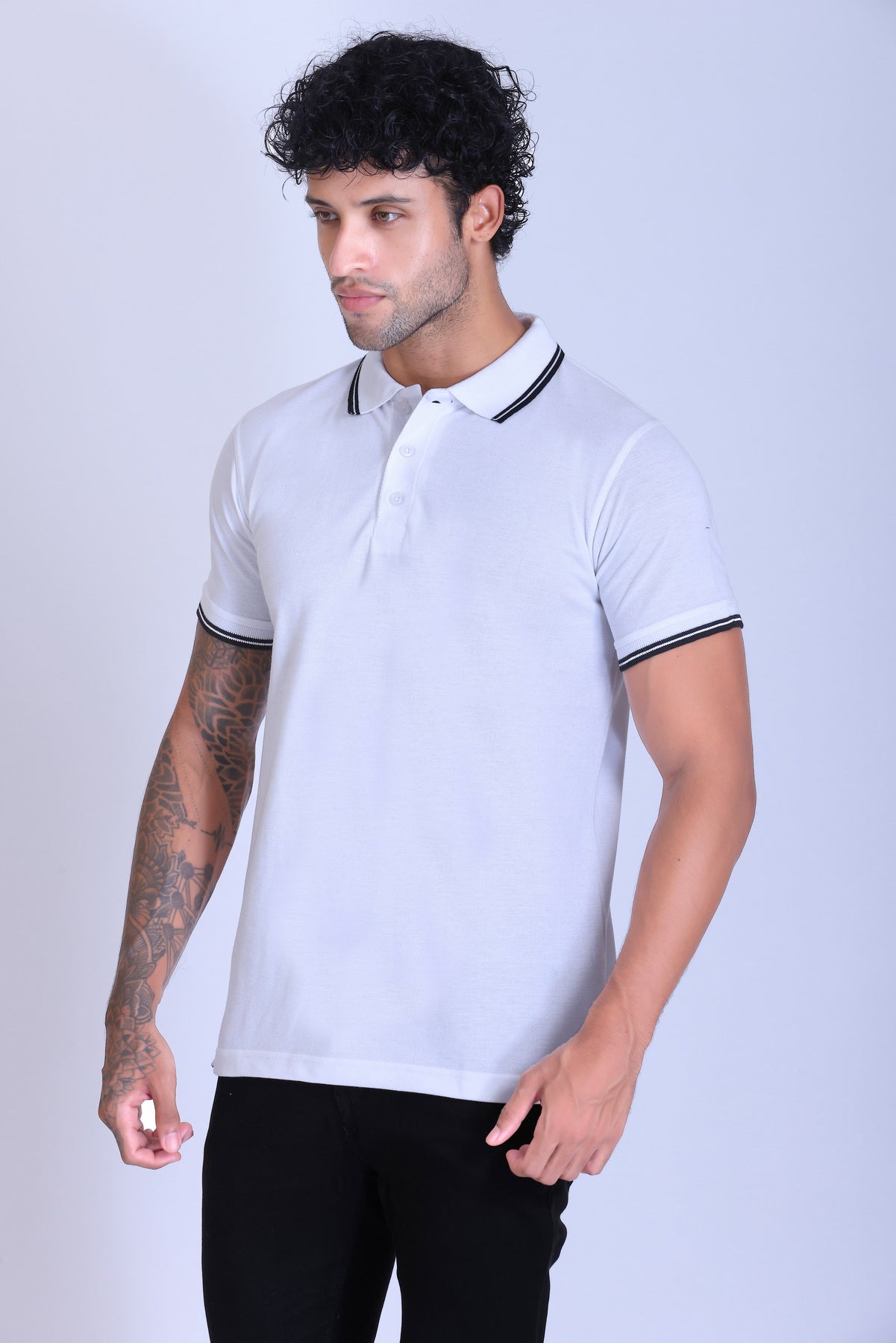 PIKMEE Tipline Polo T-Shirt in White with Black Tipping - image 3