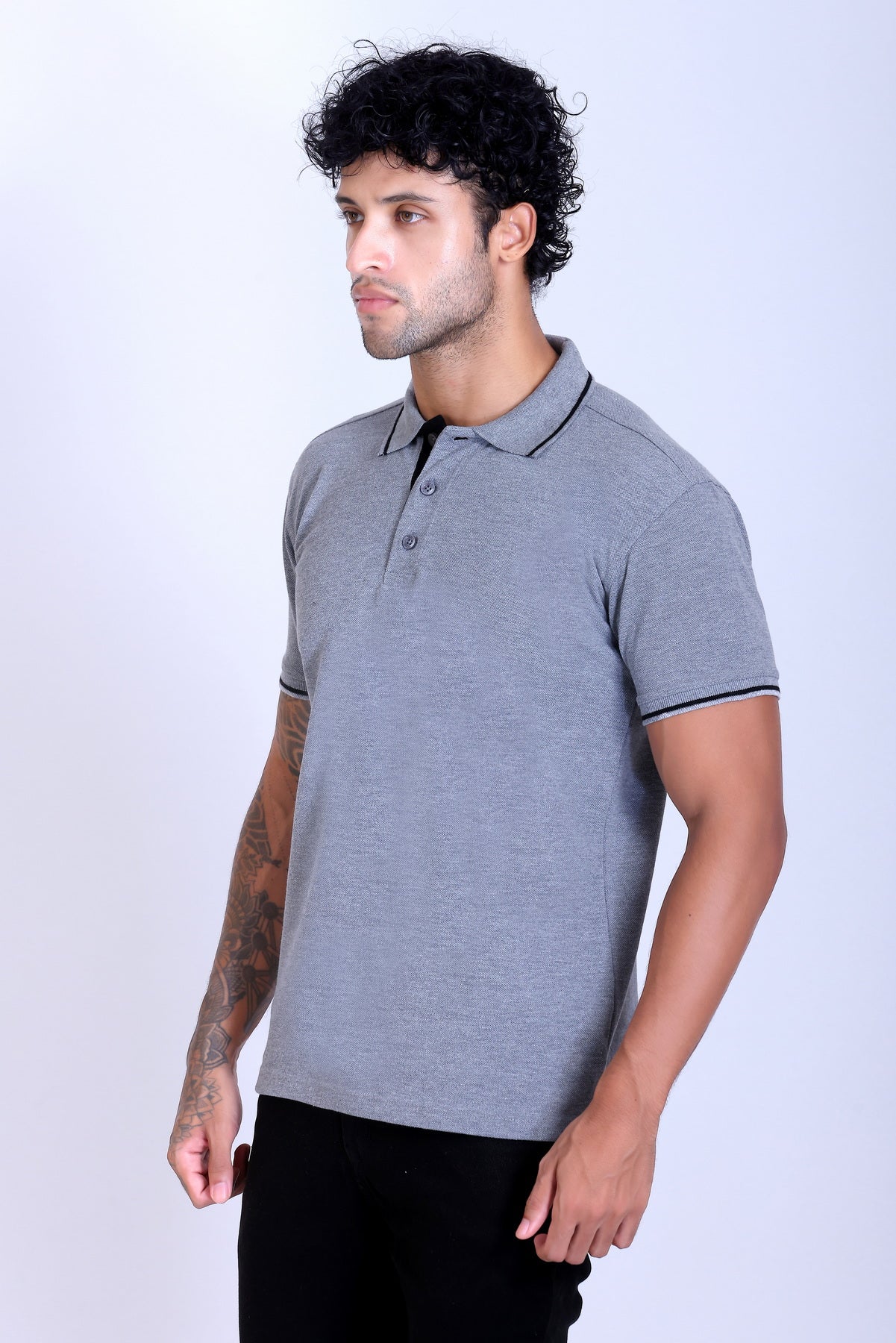 PIKMEE Highline Polo T-Shirt in Grey Melange with Black - image 3