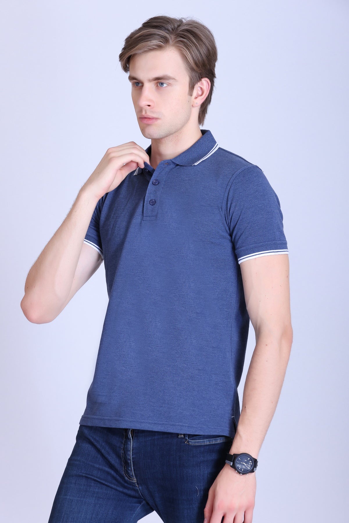 PIKMEE Tipline Polo T-Shirt in Denim with White Tipping - image 3