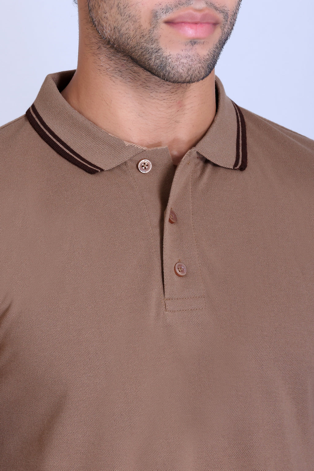 PIKMEE Tipline Polo T-Shirt in Beige with Brown Tipping - image 4