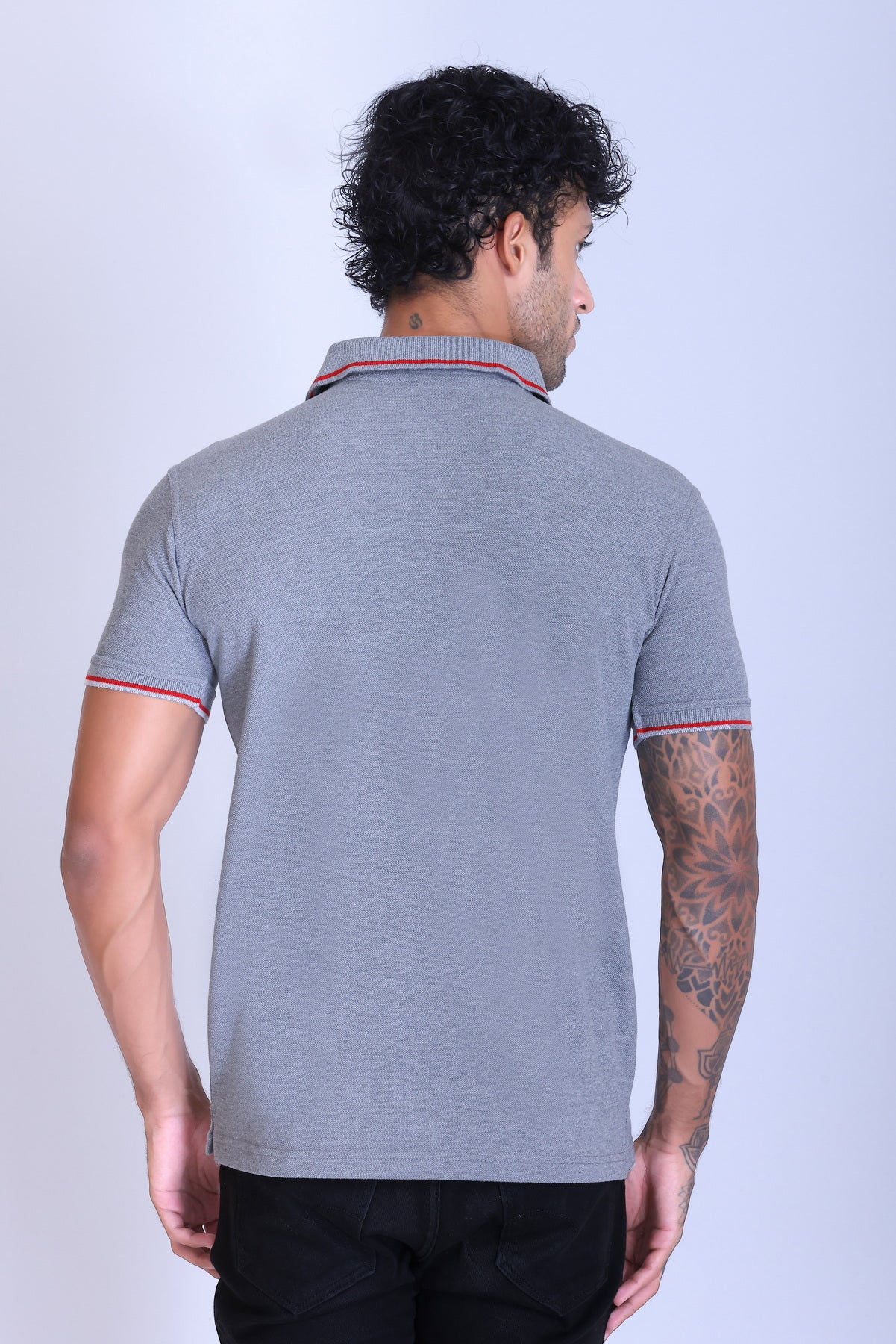 PIKMEE Highline Polo T-Shirt in Grey Melange with Red - image 5