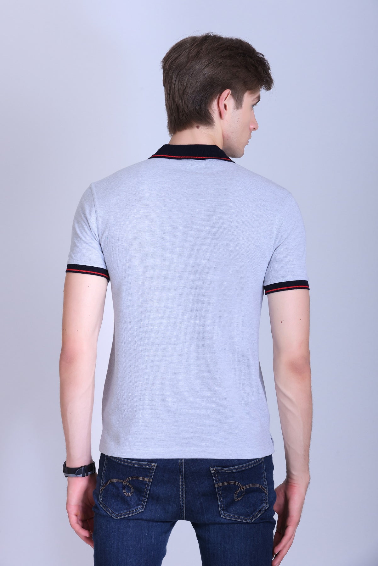 PIKMEE Highline Polo T-Shirt in White Melange with Red (Navy Collar) - image 5