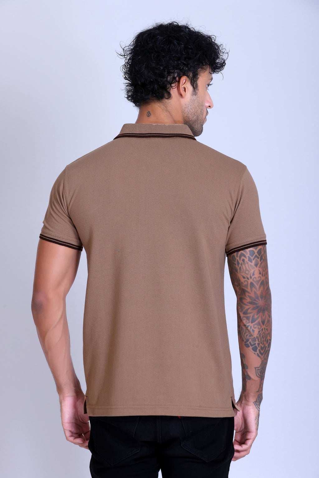 PIKMEE Tipline Polo T-Shirt in Beige with Brown Tipping - image 5