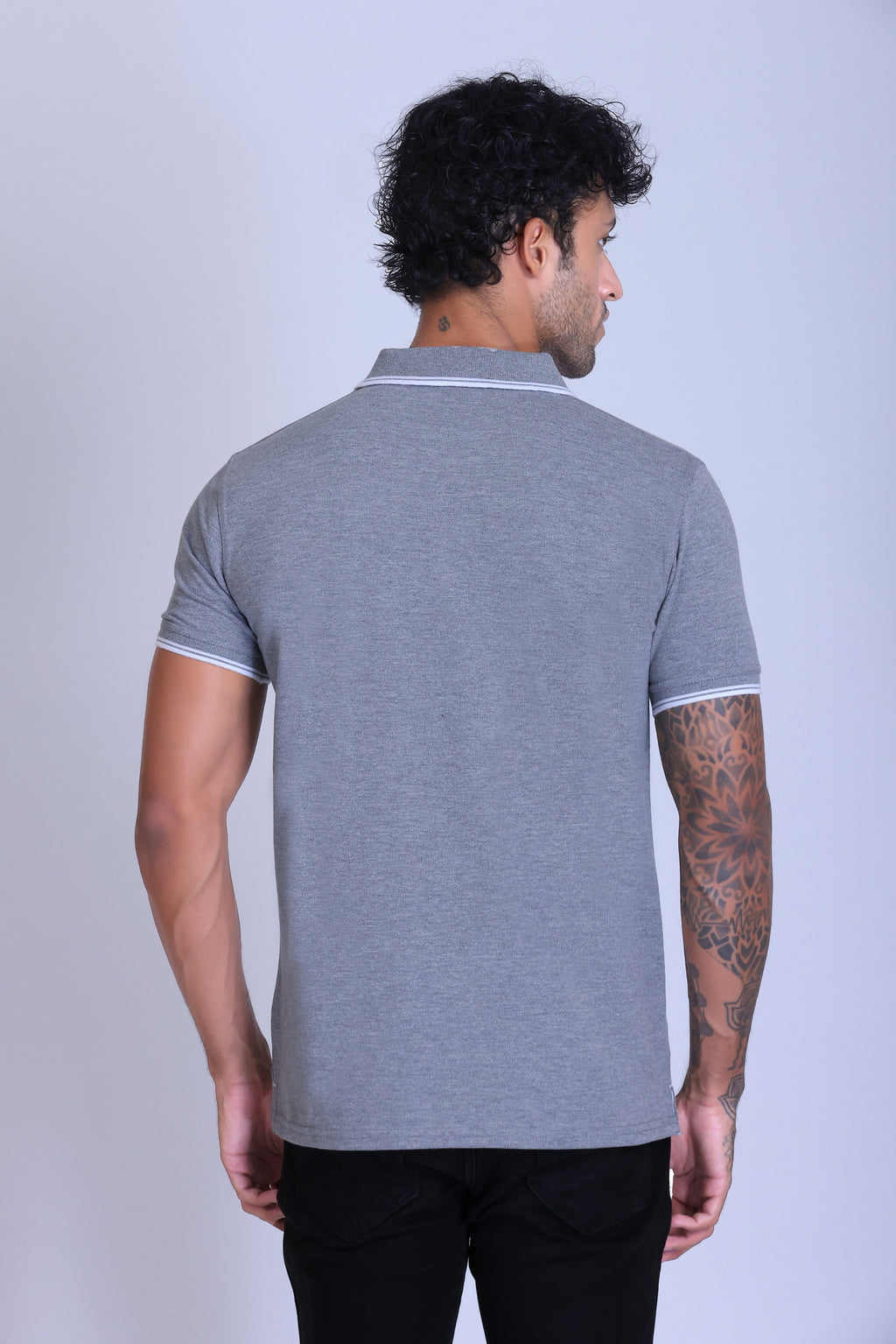 PIKMEE Tipline Polo T-Shirt in Grey Melange with White Tipping - image 5